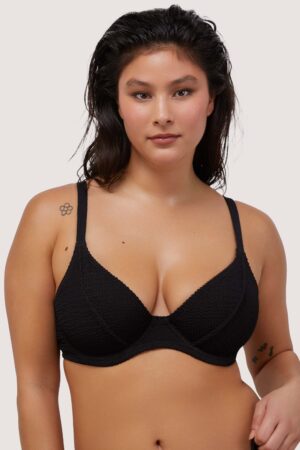 D+ Swimwear Black Textured Wired Plunge Bikini Top | UK 38F | Wolf & Whistle