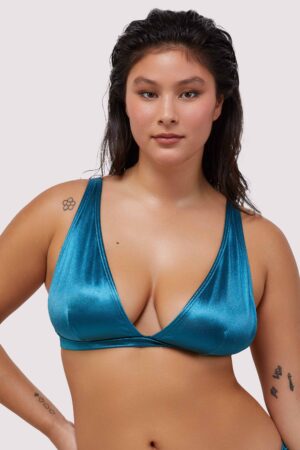D+ Swimwear Blue Shine Non Wired Plunge Bikini Top Fuller Bust Exclusive | UK 18E/F | Wolf & Whistle