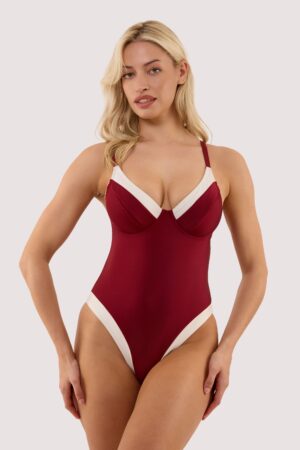 D+ Swimwear Stasia Wine And Ivory Fuller Bust Underwired Swimsuit | UK 38E | Wolf & Whistle