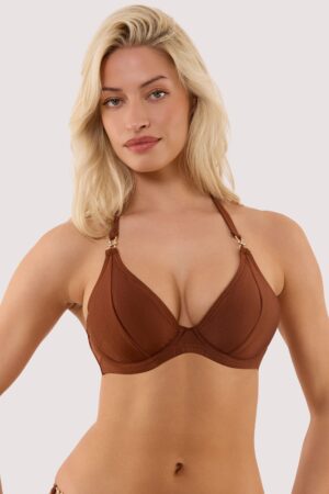 D+ Swimwear Tamzin Chocolate Brown Underwired Bikini Top With Hardwear | UK 32F | Wolf & Whistle