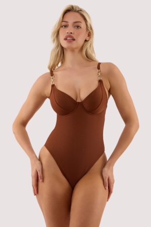 D+ Swimwear Tamzin Chocolate Brown Underwired Swimsuit With Hardwear | UK 38FF | Wolf & Whistle