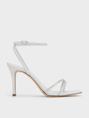 CHARLES & KEITH - Satin Crystal-Embellished Asymmetric Heeled Sandals